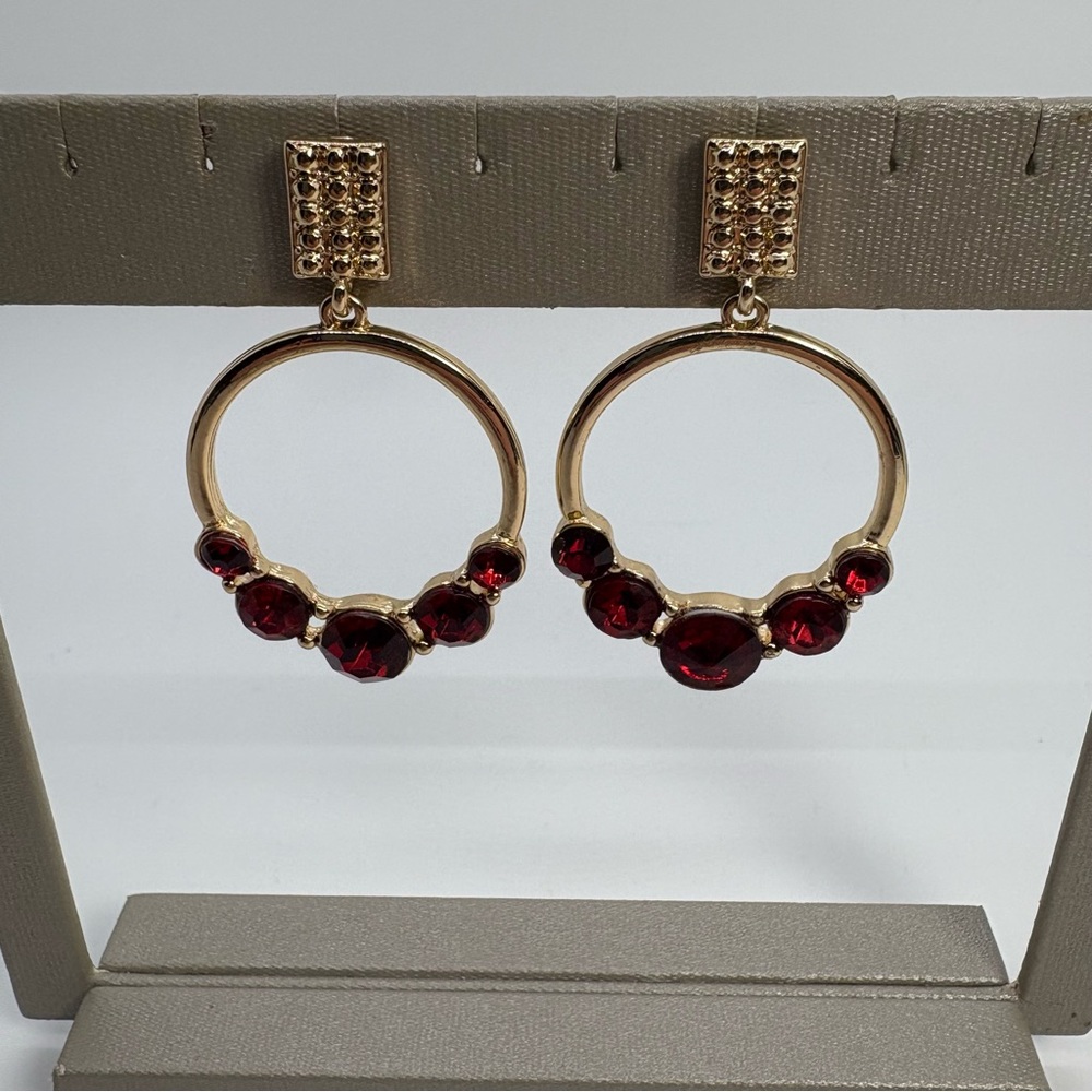 Big Gold-Tone Garnet Red Oval Crystal Hoop Earrings